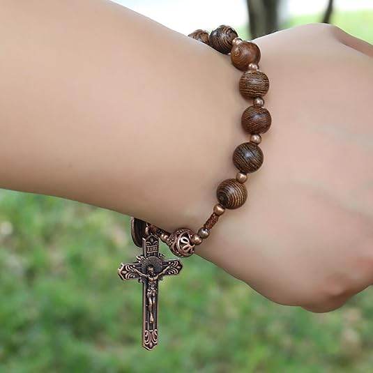 St. Benedict Wood Beads One Decade Car Mirror Beads Rosary with Cross - Nazareth Store