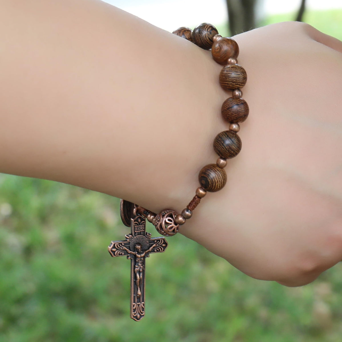 St. Benedict Wood Beads One Decade Car Mirror Beads Rosary with Cross - Nazareth Store