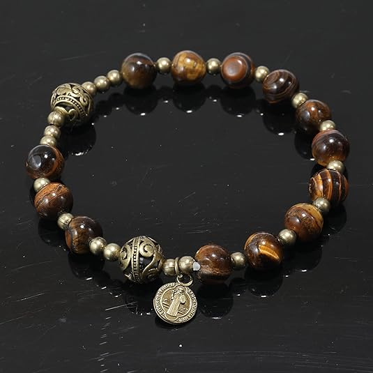 Tiger Eye Stone Beads Durable and Elegant Wrist Bracelet Rosary with Metal Separators and Catholic St. Benedict Medal Nazareth Store