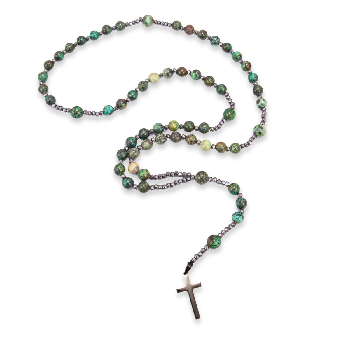 African Jasper Catholic Rosary Necklace with Hematite Beads & Black Cross