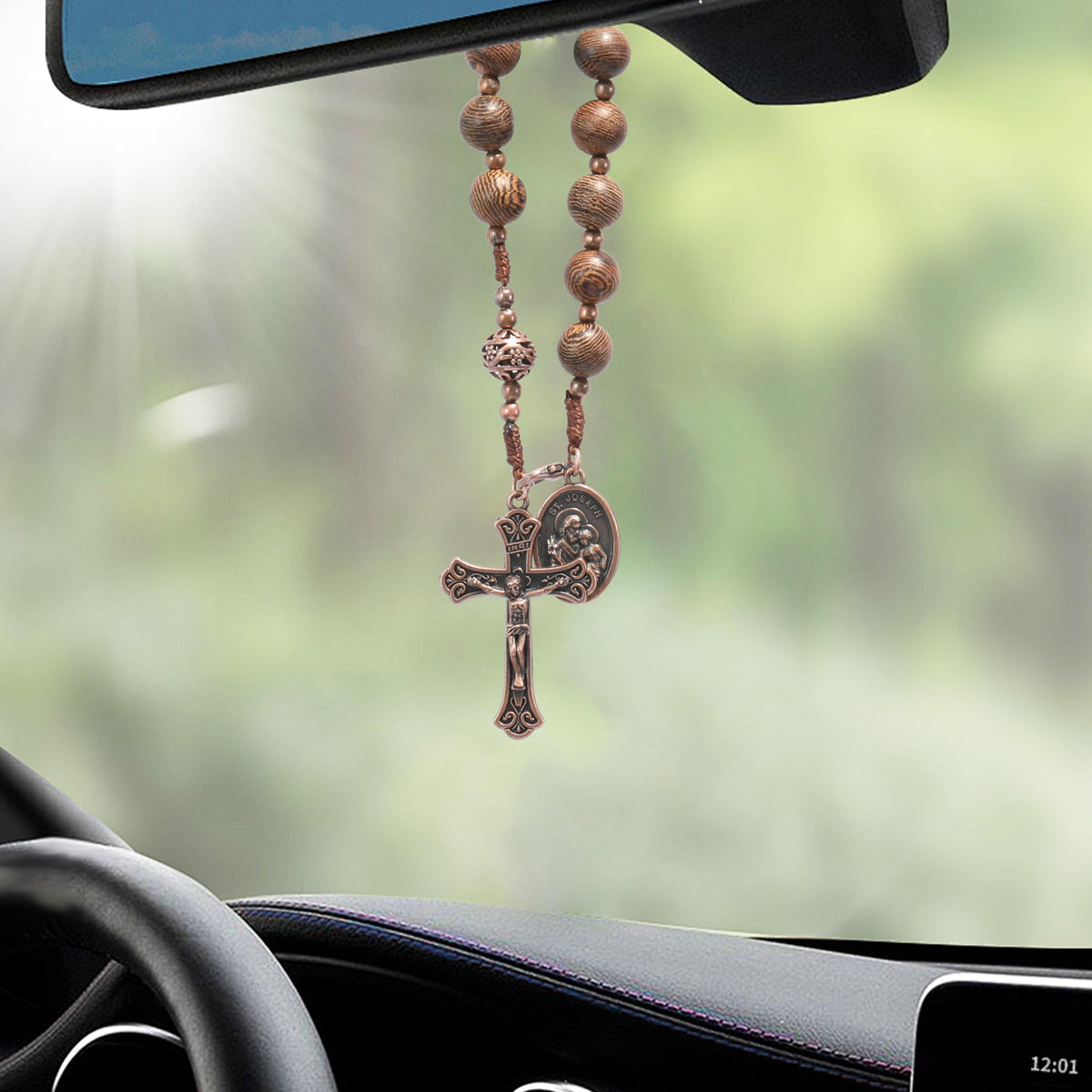 St. Joseph Wood Beads One Decade Car Mirror Beads Rosary with Jesus Cross - Nazareth Store