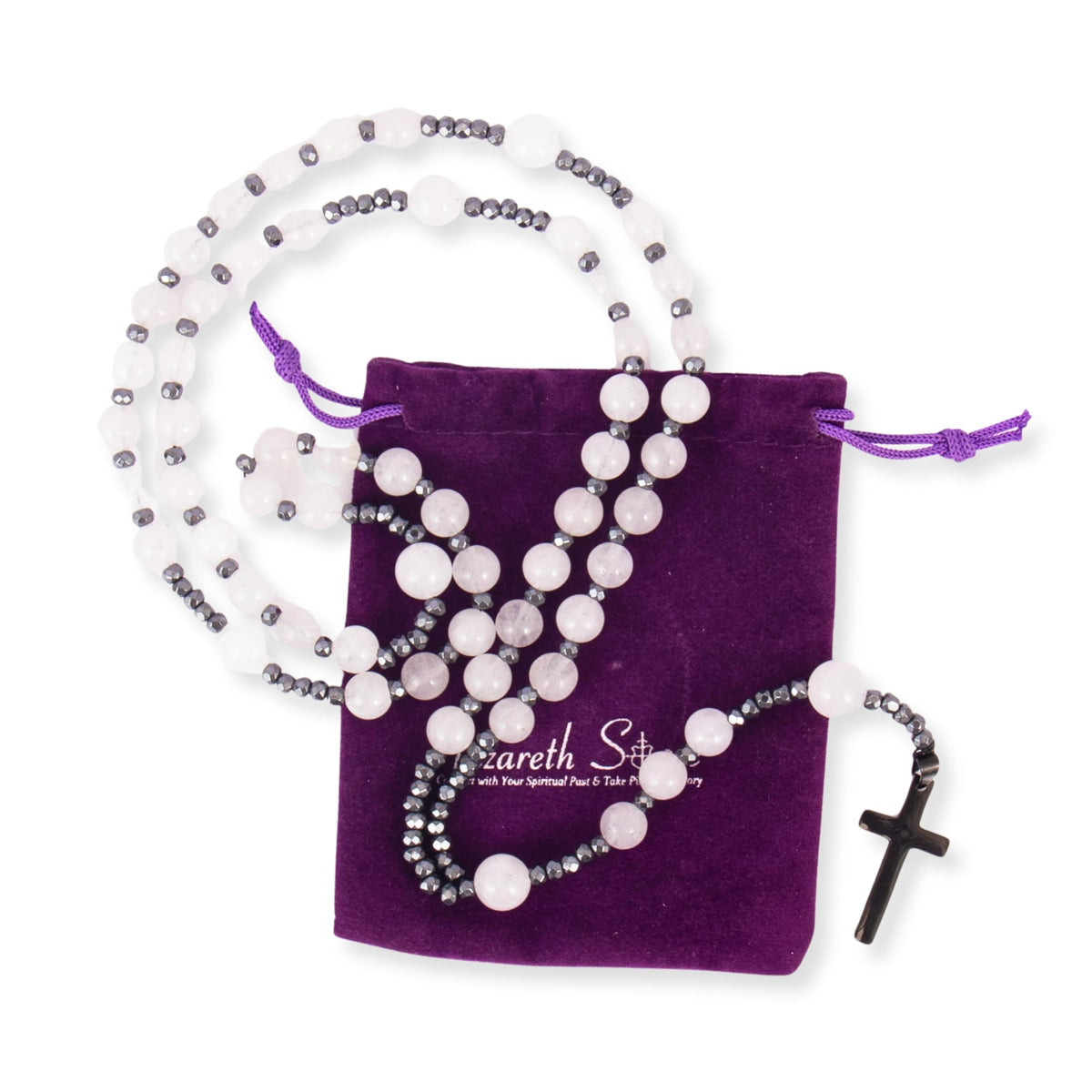 White Jade Catholic Rosary Necklace with Hematite Beads & Black Metal Cross