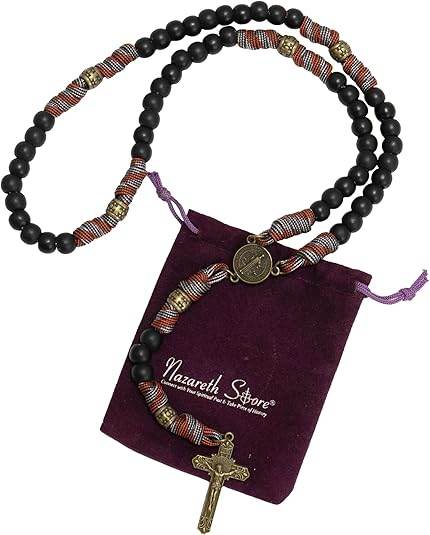 Black Matte Beads Rugged Paracord Rosary St. Benedict INRI Cross Strong Corded Necklace - Nazareth Store