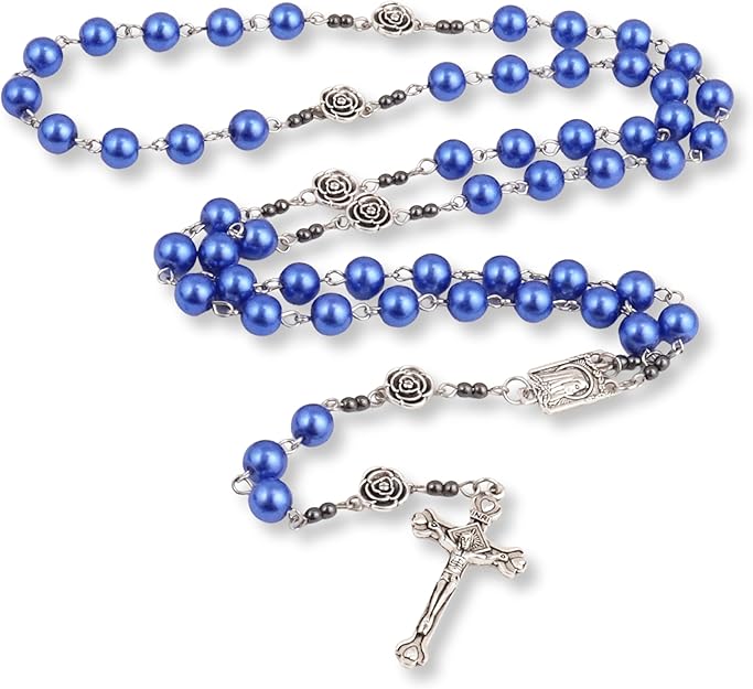 Blue Pearl Beads Rosary Metal Mystery Roses with Hematite Stone Rosary Necklace Nazareth Store
