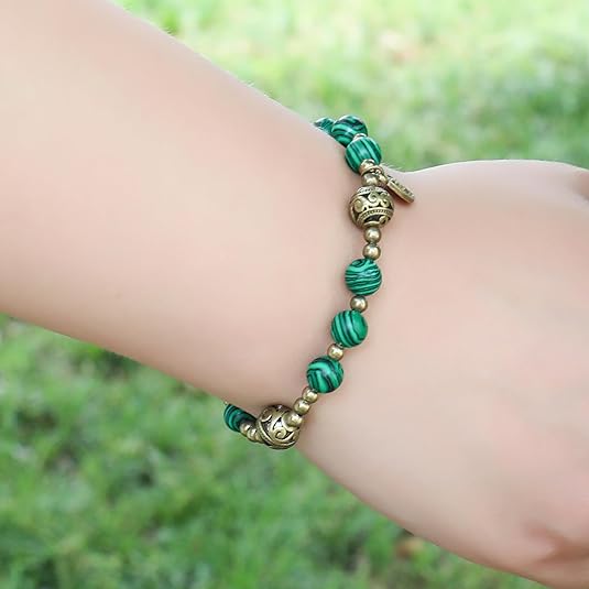 Malachite Stone Beads Rosary Bracelet with Metal Separators and Catholic Miraculous Medal Nazareth Store