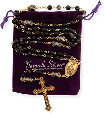Black Matte Stone Rosary Necklace with Pearl Beads Miraculous Medal & Cross