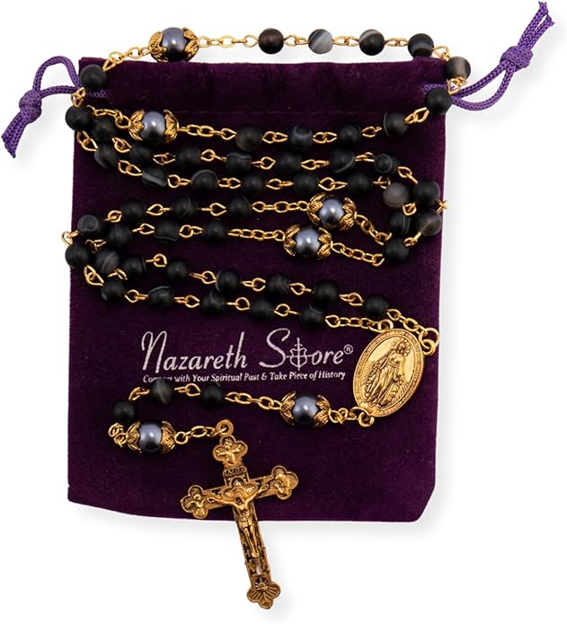 Black Matte Stone Rosary Necklace with Pearl Beads Miraculous Medal & Cross