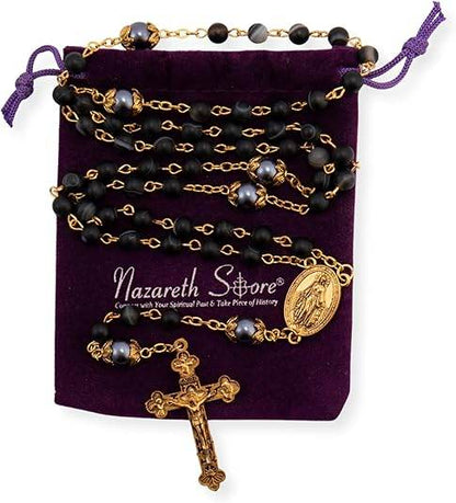 Matte Stone & Pearl Round Beads Rosary Gold Necklace Miraculous Medal & Cross - Nazareth Store