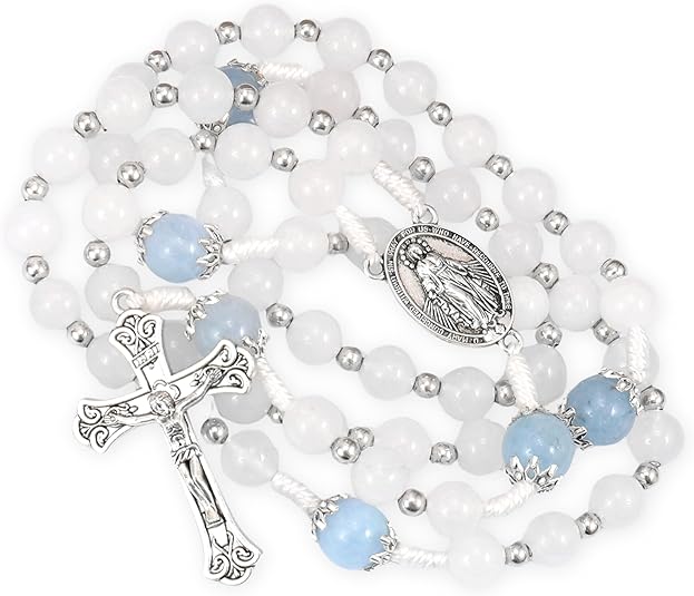 White Jade &  Aquamarine Stone Beads Rosary Necklace St. Miraculous Medal & Cross Crucifix Nazareth Store