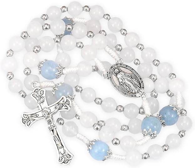 White Jade & Natural Stone Beads Rosary Necklace St. Miraculous Medal & Cross Crucifix - Nazareth Store