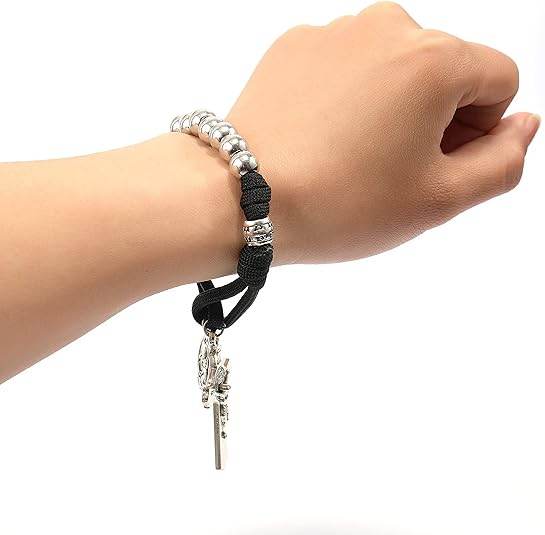 Silver Beads Black Paracord Pocket Car Rosary St. Joseph Medal & St. Benedict Cross - Nazareth Store