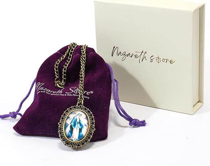 Antique Bronze Pocket Watch Pendant with Miraculous Madonna Christian Chain Necklace - Nazareth Store