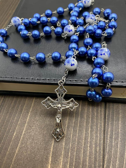 White Flowers Blue Pearl Beads Rosary Beaded Necklace Lourdes Medal & Cross Crucifix - Nazareth Store