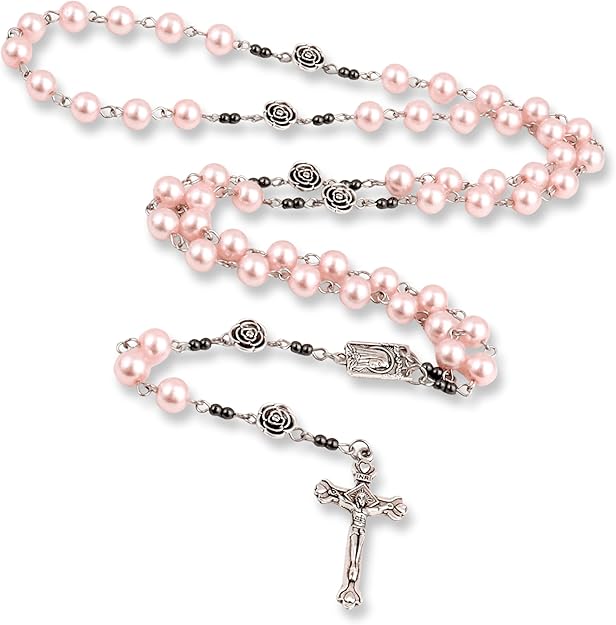 Pink Pearl Beads Rosary Metal Mystery Roses with Hematite Stone Necklace Nazareth Store