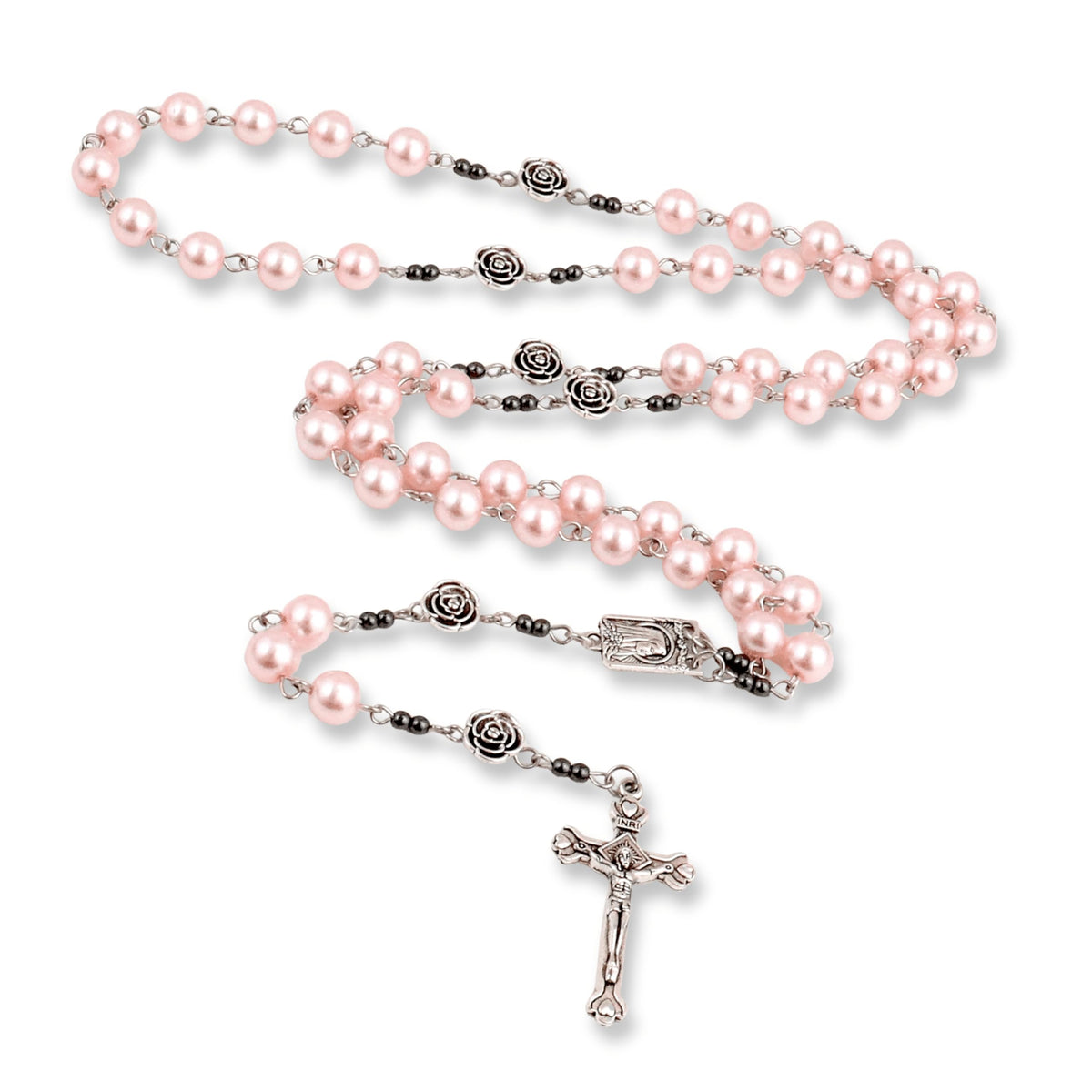 Pink Pearl Beads Rosary Metal Mystery Roses with Hematite Stone Rosary Necklace - Nazareth Store