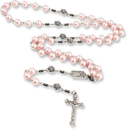 Pink Pearl Beads Rosary Metal Mystery Roses with Hematite Stone Rosary Necklace - Nazareth Store