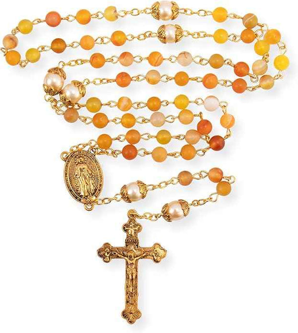 Yellow Matte Stone Rosary Necklace with Pearl Beads Miraculous Medal & Cross