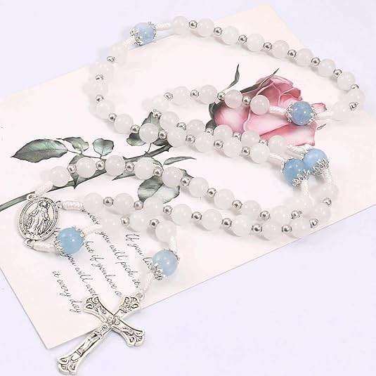 White Jade & Natural Stone Beads Rosary Necklace St. Miraculous Medal & Cross Crucifix - Nazareth Store