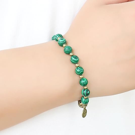 Malachite Stone Beads Durable and Elegant Wrist Bracelet Rosary with Metal Separators and Catholic St. Benedict Medal Nazareth Store