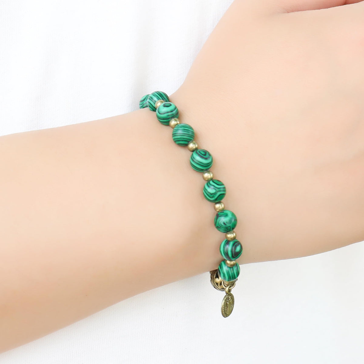 Malachite Stone Beads Rosary Bracelet with Metal Separators and Catholic Miraculous Medal - Nazareth Store