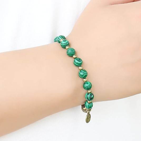 Malachite Stone Beads Rosary Bracelet with Metal Separators and Catholic Miraculous Medal - Nazareth Store