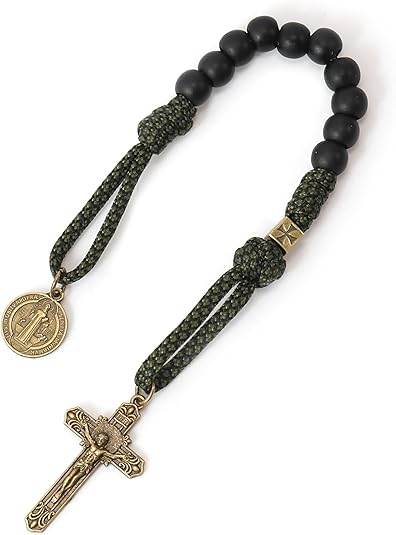 Antique Bronze One Decade Green Paracord Black Matte Beads St Benedict Cross Crucifix - Nazareth Store