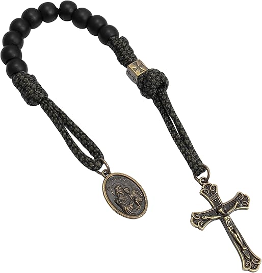 Antique Bronze One Decade Green Paracord Black Matte Beads Bracelet Jesus Cross with Miraculous Medal Nazareth Store