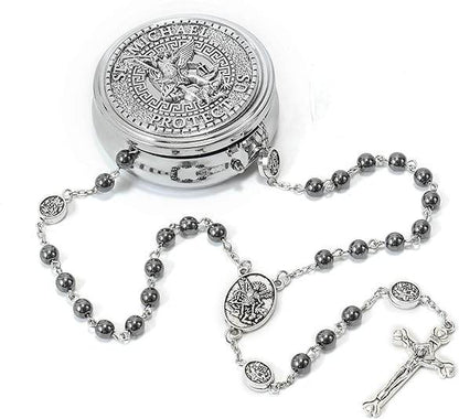 Black Hematite Silver St. Michael Stone Beads Rosary Necklace with Metal Box - Nazareth Store