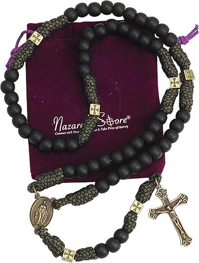 Antique Bronze Black Matte Prayer Beads Paracord Rosary Necklace with and Jesus Cross and Miraculous Medal - Nazareth Store