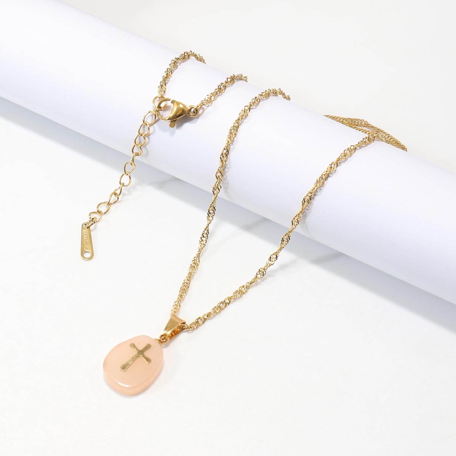 Natural Orange Aventurine Stone Cross Pendant Stainless Steel Clavicle Chain Necklace - Nazareth Store