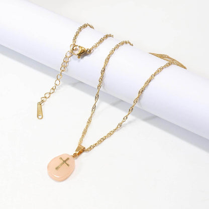 Natural Orange Aventurine Stone Cross Pendant Stainless Steel Clavicle Chain Necklace - Nazareth Store