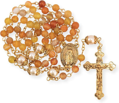 Yellow Matte Stone Rosary Necklace with Pearl Beads Miraculous Medal & Cross