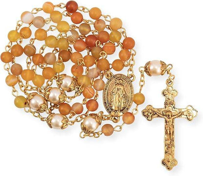 Matte Stone & Pearl Round Beads Rosary Gold Necklace Miraculous Medal & Cross - Nazareth Store