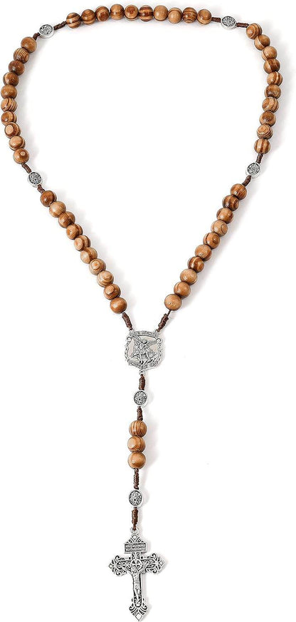 St Michael Sacred Wood Beads Rosary Solid Wooden Prayer Chaplet with Silver Pardon Crucifix - Nazareth Store
