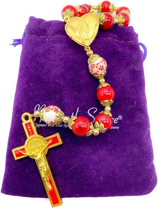 Red Rosary Beads Necklace with Saint Benedict Medal, Flower Mystery Bead, Miraculous Medal Locket - Nazareth Store