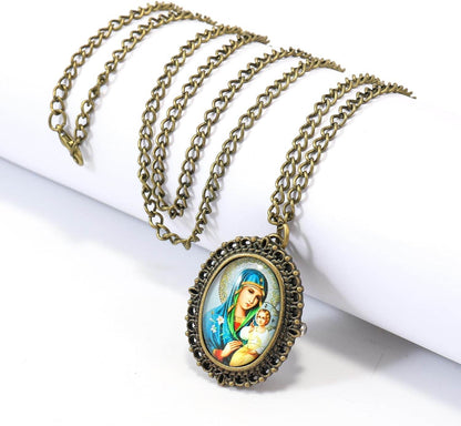 Christian Madonna and Jesus Antique Bronze Pocket Watch Pendant Quartz Chain Necklace - Nazareth Store