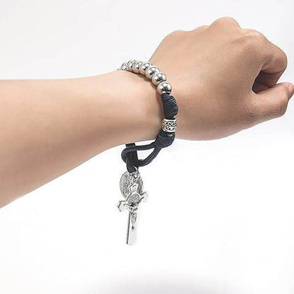 Silver Beads Blue Paracord Pocket Car Rosary St. Joseph Medal & St. Benedict Cross - Nazareth Store