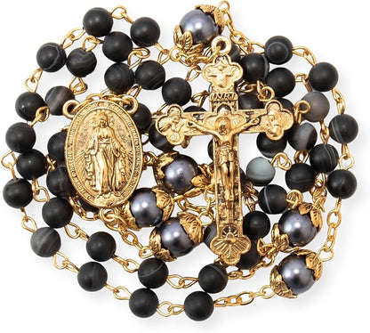 Black Matte Stone Rosary Necklace with Pearl Beads Miraculous Medal & Cross