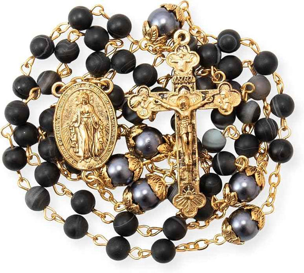 Black Matte Stone Rosary Necklace with Pearl Beads Miraculous Medal & Cross
