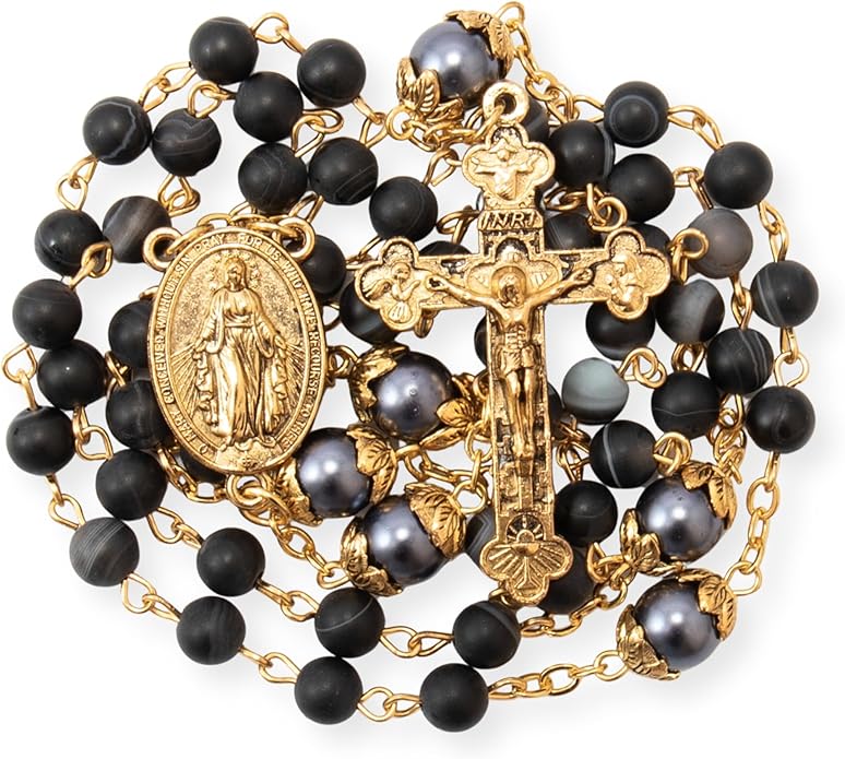 Black Matte Stone Rosary Necklace with Pearl Beads Miraculous Medal & Cross