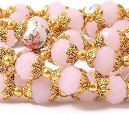 Pink Crystal Beads Gold Flowers Beaded Rosary Necklace Miraculous Heart Locket Medal
