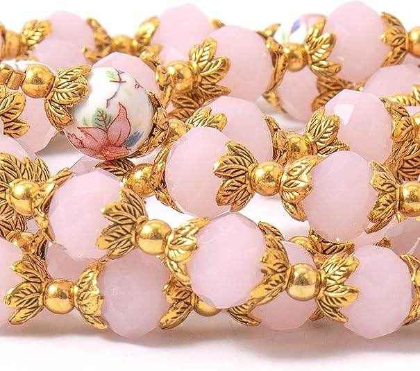 Pink Crystal Beads Gold Flowers Beaded Rosary Necklace Miraculous Heart Locket Medal