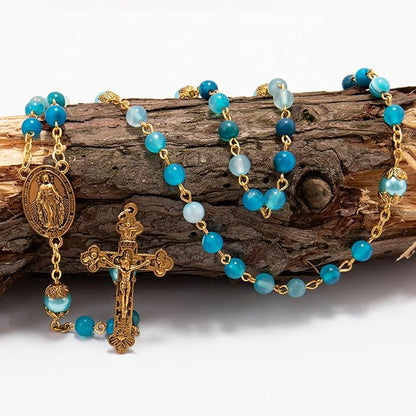 Blue Matte Stone Rosary Necklace with Miraculous Medal & Cross