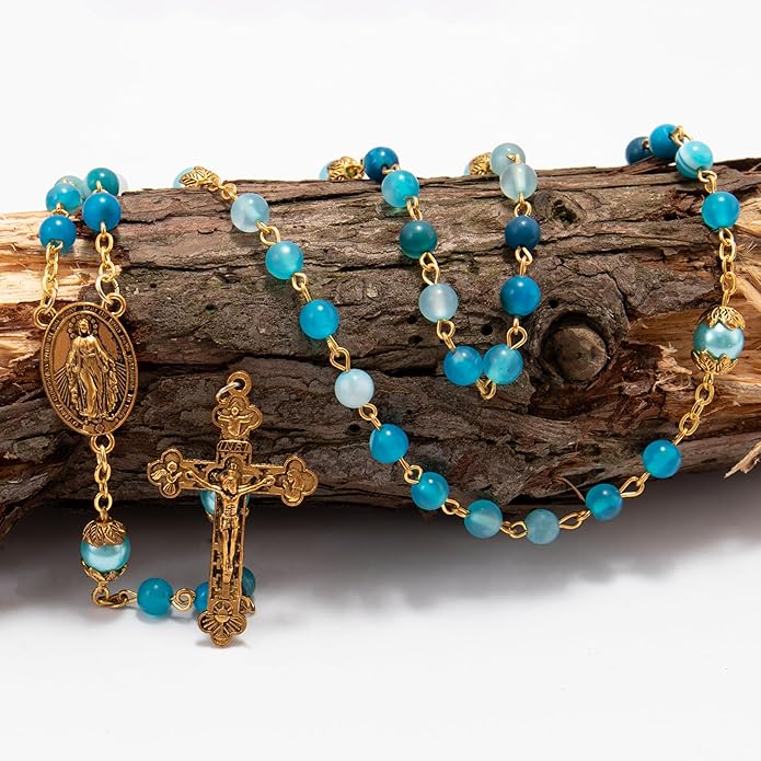 Blue Matte Stone Rosary Necklace with Miraculous Medal & Cross