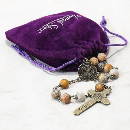 African Jasper Antique Bronze Rosary Necklace St. Benedict Cross and Medal - Nazareth Store