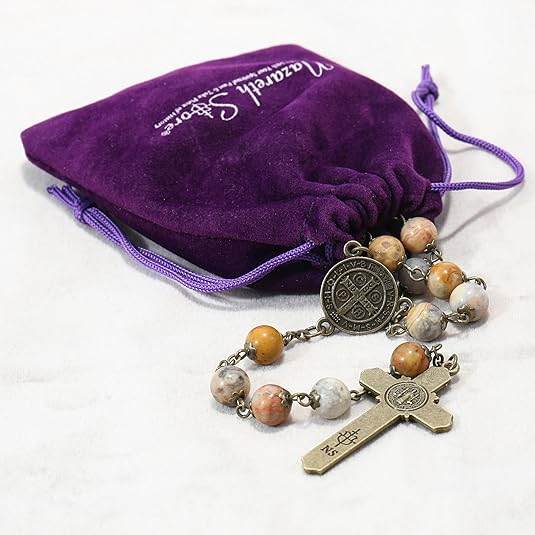 African Jasper Antique Bronze Rosary Necklace St. Benedict Cross and Medal - Nazareth Store