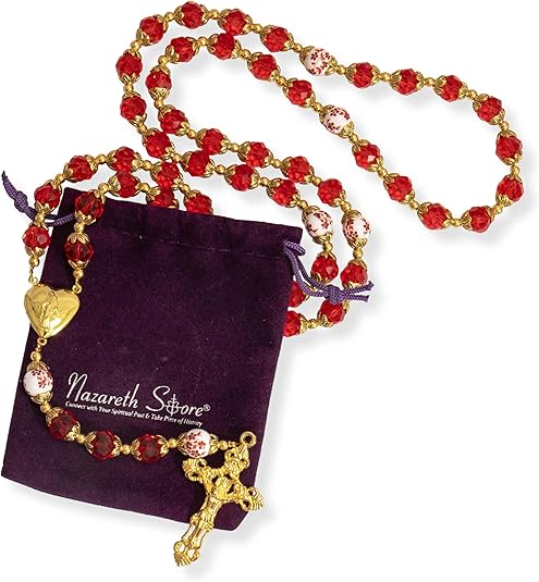 Crystal Beads Gold Flowers Beaded Rosary Necklace Miraculous Heart Locket Medal & Cross Nazareth Store