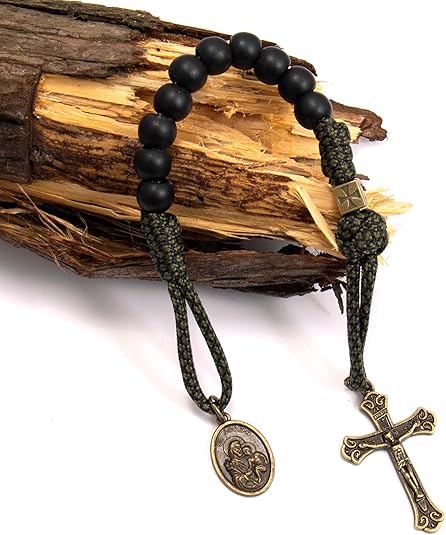 Antique Bronze One Decade Green Paracord Black Matte Beads St. Michael Cross Crucifix (Copy) Nazareth Store