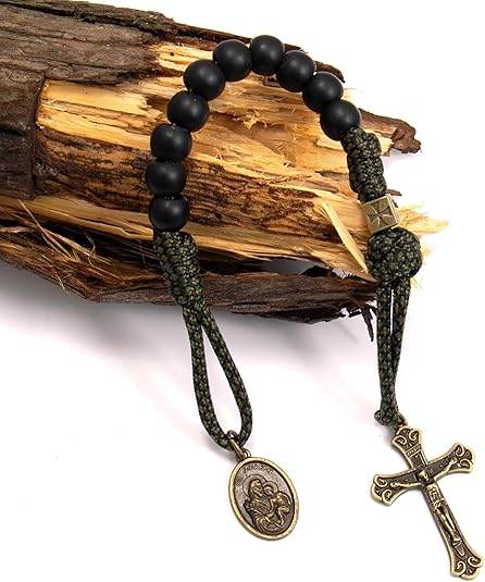 Antique Bronze One Decade Green Paracord Black Matte Beads Bracelet Jesus Cross with Miraculous Medal - Nazareth Store