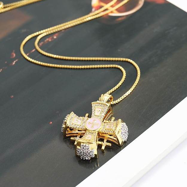 Pink Enamel Jerusalem Cross Pendant Necklace 18k Gold Plating Crystallized Stones Nazareth Store
